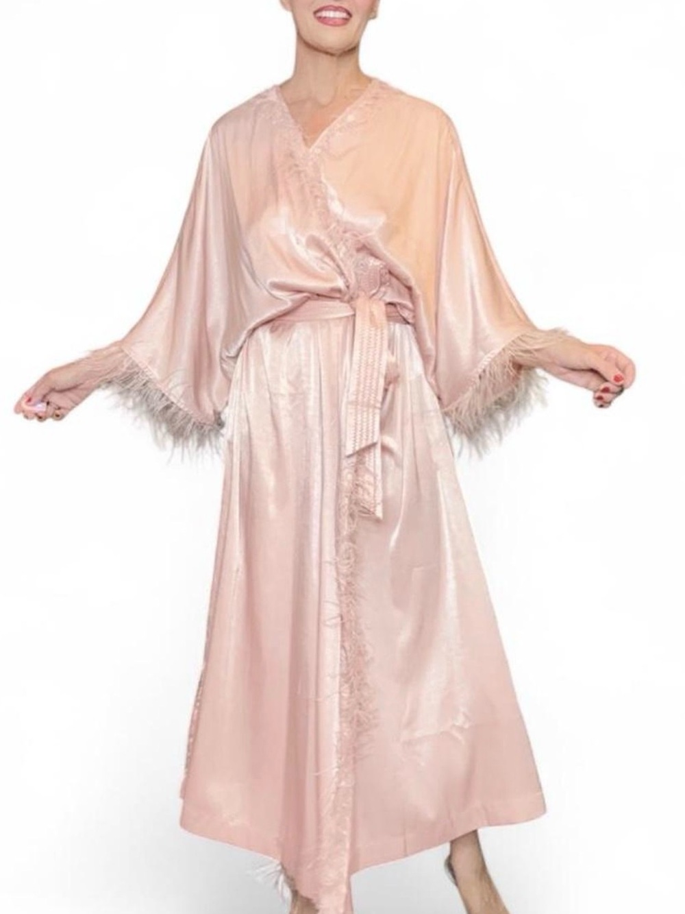 Silky Feather-Trim Long Robe - Blush Pink